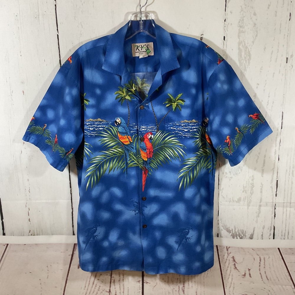 KY's Made in Hawaii Mens‎ M Macaw Parrot Tropical Hawaiian Shirt Blue Palm Tree